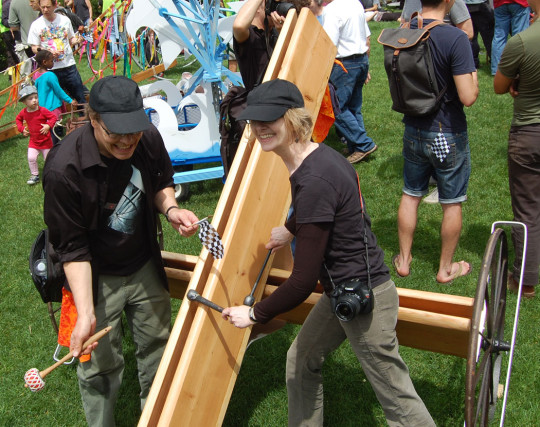 “It’s two slit gongs that intersect together,” sound sculptor Jay Havighurst of Essex said of his “Rolling Slit Gong.” “You can play them. They’ve got one note on each side. They’ve got different pitches.” (Greg Cook)